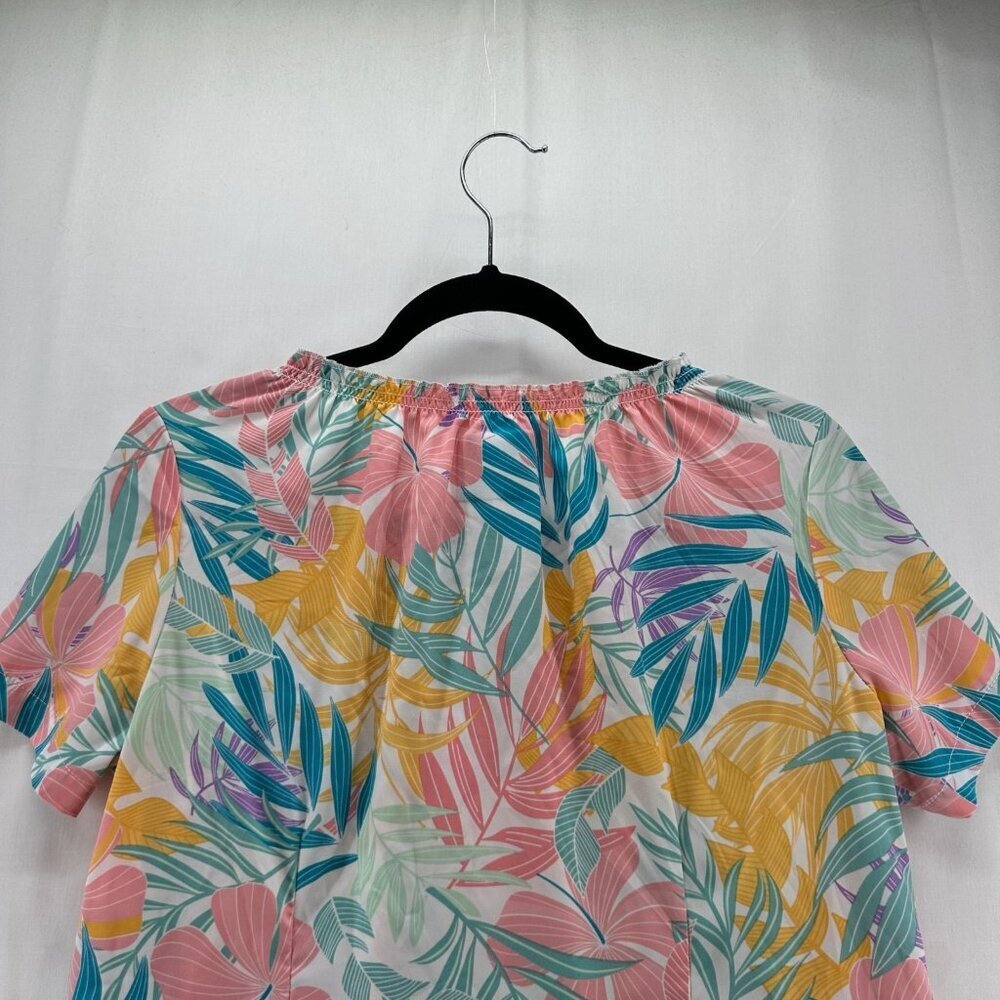 Butter-Soft Scrub Top Womens M Stretch Tropical 6-Pocket Peasant Medical Pink - Picture 5 of 11